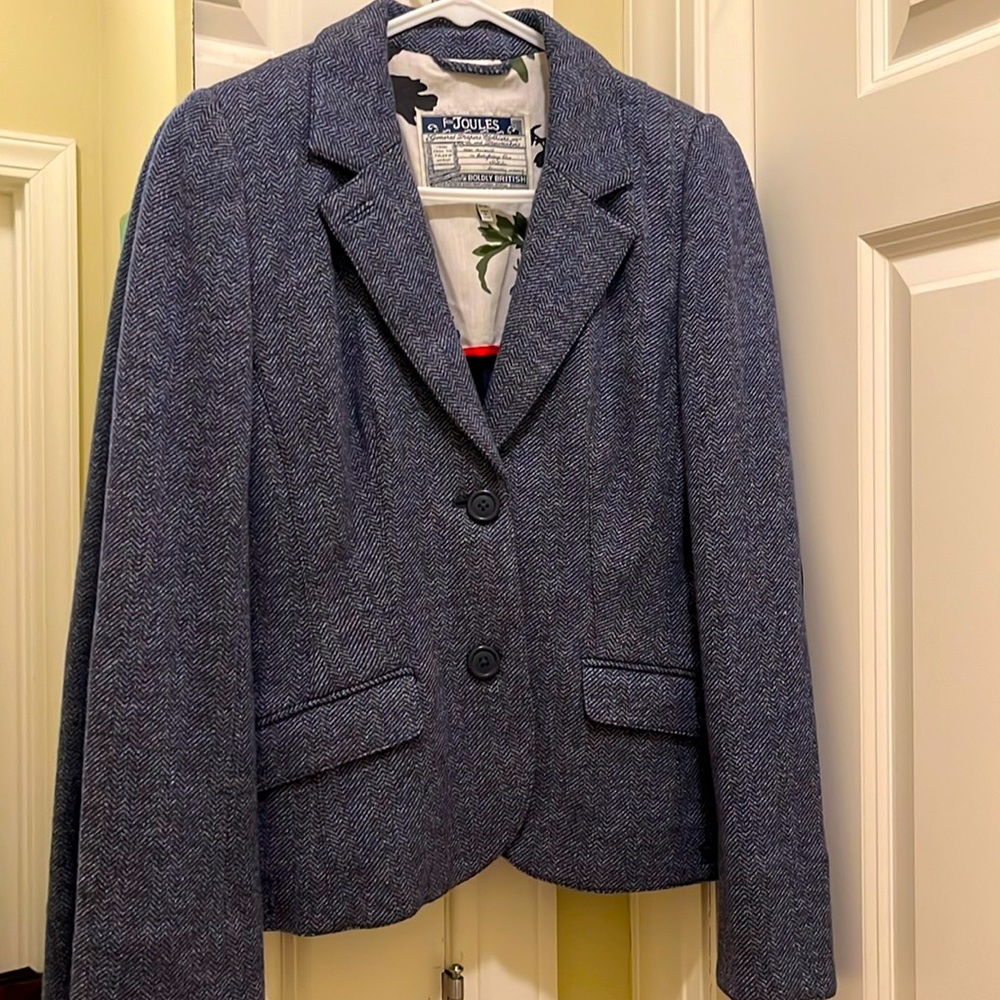 Joules vintage fitted navy soft tweed jacket with elbow patches